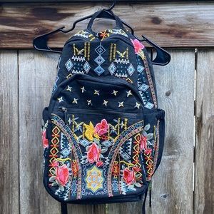 Johnny Was black backpack with floral bohemian embroidery